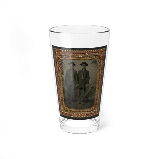 Two Unidentified Young Soldiers In Union Uniforms In Front Of Painted Backdrop Showing Military Camp (U.S. Civil War) Pint Glass 16oz 16oz - Go Mug Yourself