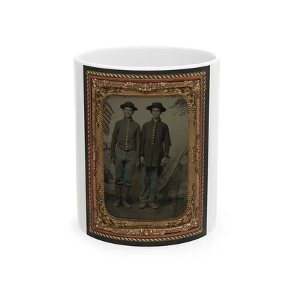 Two Unidentified Young Soldiers In Union Uniforms In Front Of Painted Backdrop Showing Military Camp (U.S. Civil War) White Coffee Mug 11oz - Go Mug Yourself