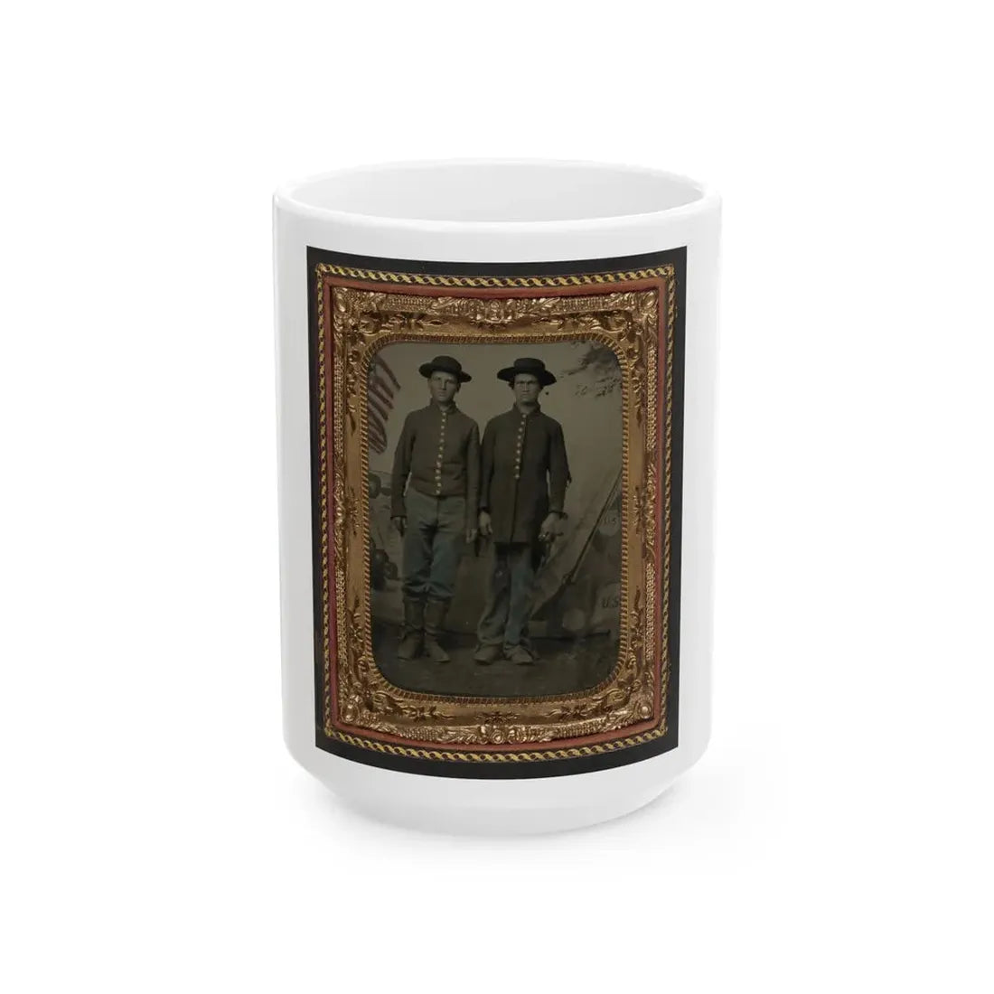 Two Unidentified Young Soldiers In Union Uniforms In Front Of Painted Backdrop Showing Military Camp (U.S. Civil War) White Coffee Mug 15oz - Go Mug Yourself
