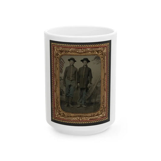 Two Unidentified Young Soldiers In Union Uniforms In Front Of Painted Backdrop Showing Military Camp (U.S. Civil War) White Coffee Mug 15oz - Go Mug Yourself