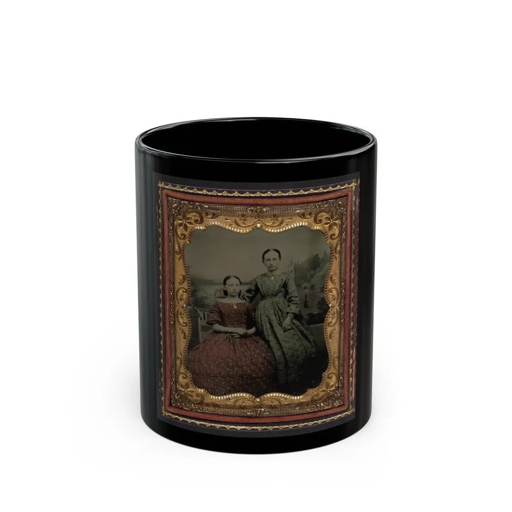 Two Unidentified Young Women Wearing Printed Dresses And Necklaces In Front Of Painted Backdrop Showing Plantation (U.S. Civil War) Black Coffee Mug-11oz-Go Mug Yourself