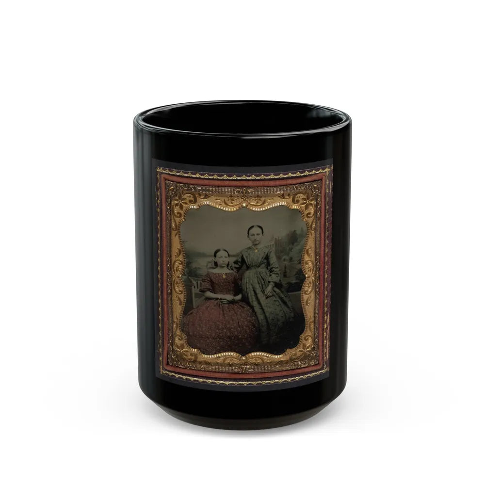 Two Unidentified Young Women Wearing Printed Dresses And Necklaces In Front Of Painted Backdrop Showing Plantation (U.S. Civil War) Black Coffee Mug-15oz-Go Mug Yourself