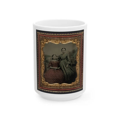 Two Unidentified Young Women Wearing Printed Dresses And Necklaces In Front Of Painted Backdrop Showing Plantation (U.S. Civil War) White Coffee Mug-15oz-Go Mug Yourself