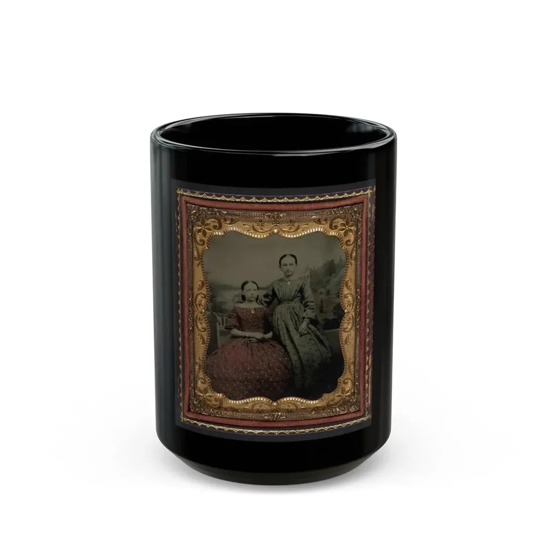 Two Unidentified Young Women Wearing Printed Dresses And Necklaces In Front Of Painted Backdrop Showing Plantation (U.S. Civil War) Black Coffee Mug 15oz - Go Mug Yourself