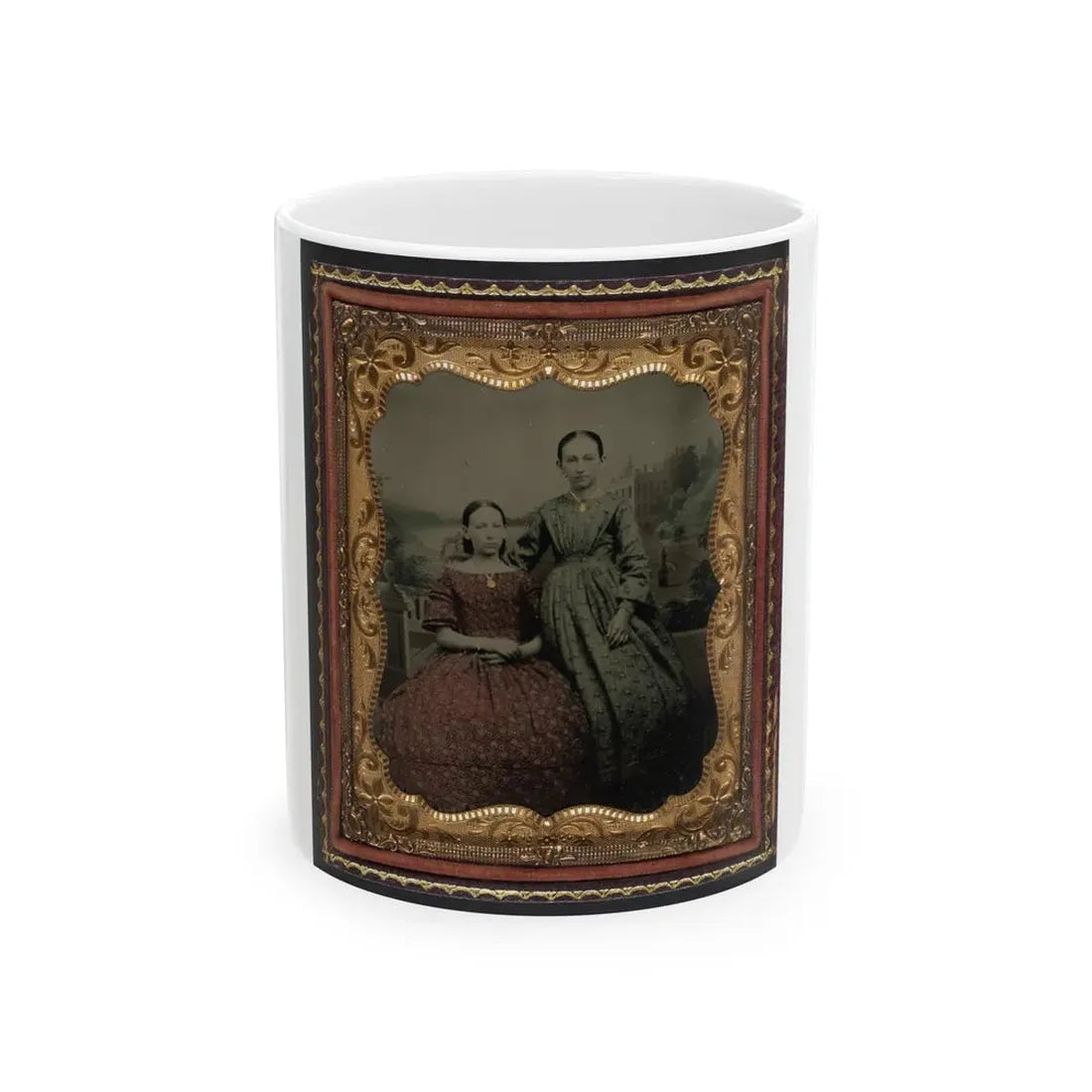 Two Unidentified Young Women Wearing Printed Dresses And Necklaces In Front Of Painted Backdrop Showing Plantation (U.S. Civil War) White Coffee Mug 11oz - Go Mug Yourself