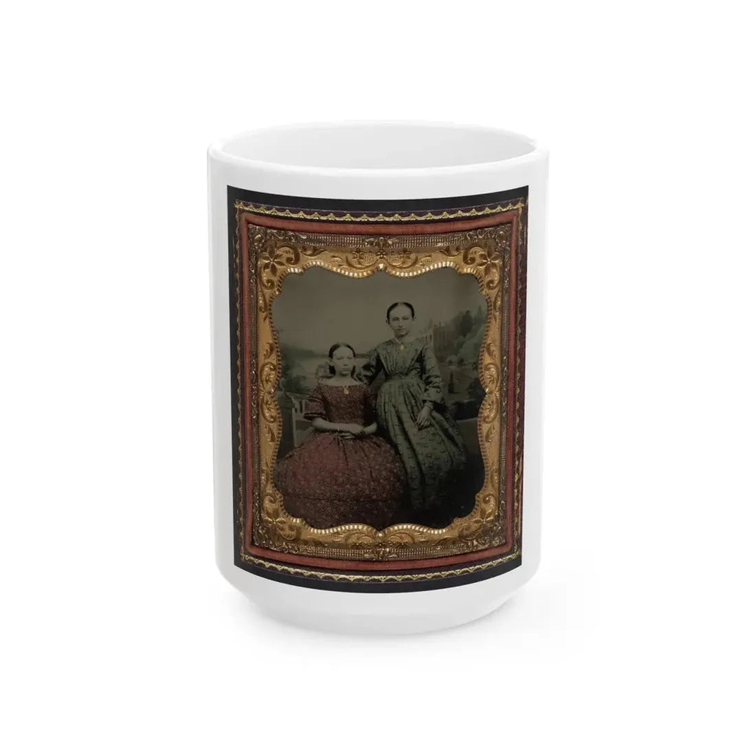 Two Unidentified Young Women Wearing Printed Dresses And Necklaces In Front Of Painted Backdrop Showing Plantation (U.S. Civil War) White Coffee Mug 15oz - Go Mug Yourself
