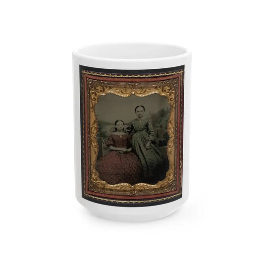 Two Unidentified Young Women Wearing Printed Dresses And Necklaces In Front Of Painted Backdrop Showing Plantation (U.S. Civil War) White Coffee Mug 15oz - Go Mug Yourself