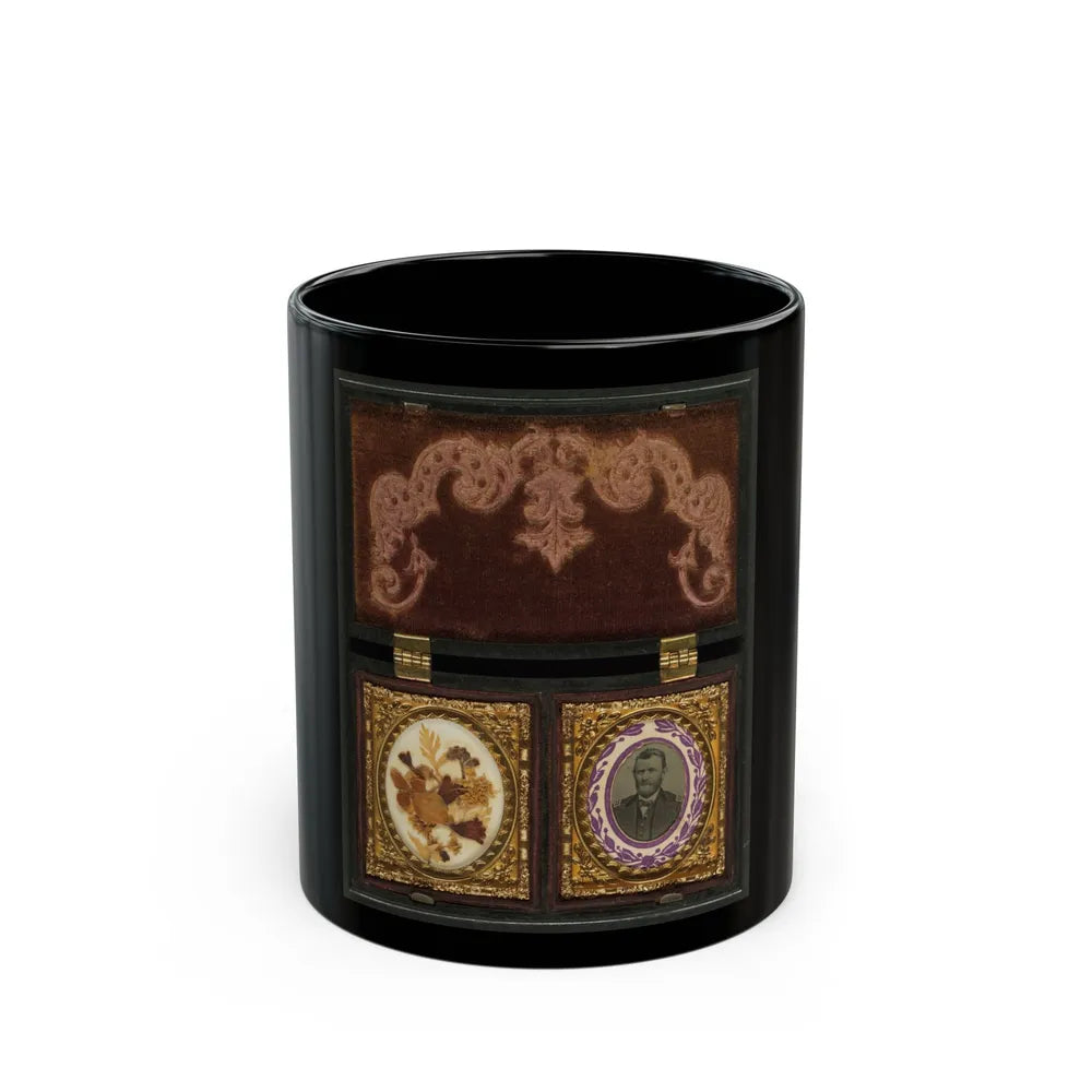 Ulysses S. Grant Of General Staff Regular Army Infantry Regiment; Dried Flowers In Frame On Left (U.S. Civil War) Black Coffee Mug-11oz-Go Mug Yourself