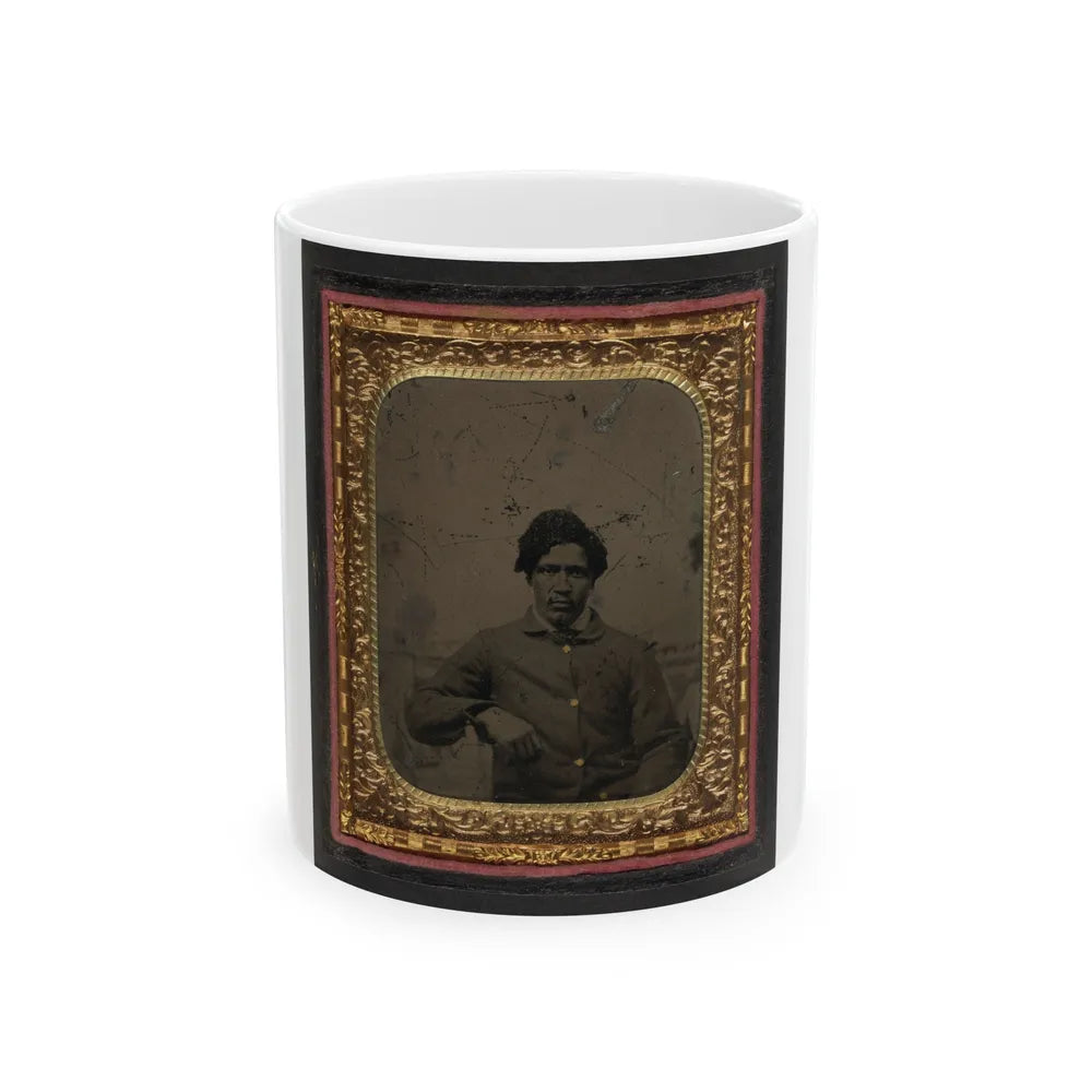 Unidentified African American Soldier In Union Uniform In Front Of Painted Backdrop Showing Landscape (U.S. Civil War) White Coffee Mug-11oz-Go Mug Yourself