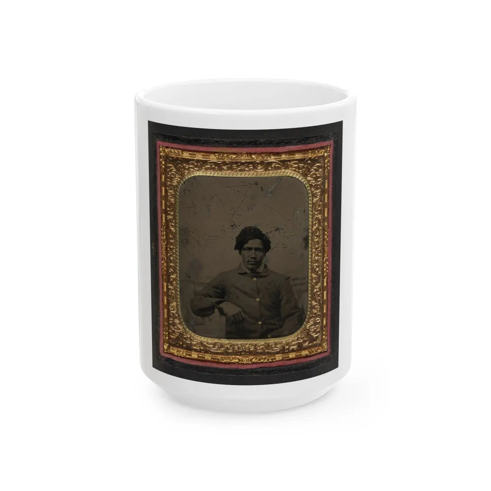 Unidentified African American Soldier In Union Uniform In Front Of Painted Backdrop Showing Landscape (U.S. Civil War) White Coffee Mug-15oz-Go Mug Yourself