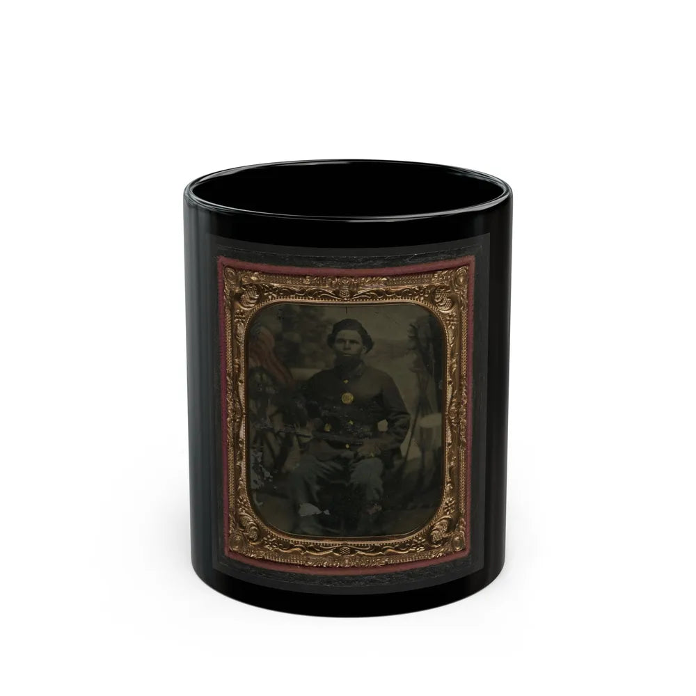 Unidentified African American Soldier In Union Uniform In Front Of Painted Backdrop Showing Military Camp (U.S. Civil War) Black Coffee Mug-11oz-Go Mug Yourself