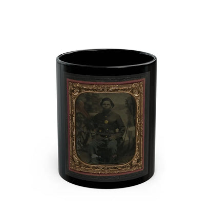 Unidentified African American Soldier In Union Uniform In Front Of Painted Backdrop Showing Military Camp (U.S. Civil War) Black Coffee Mug-11oz-Go Mug Yourself