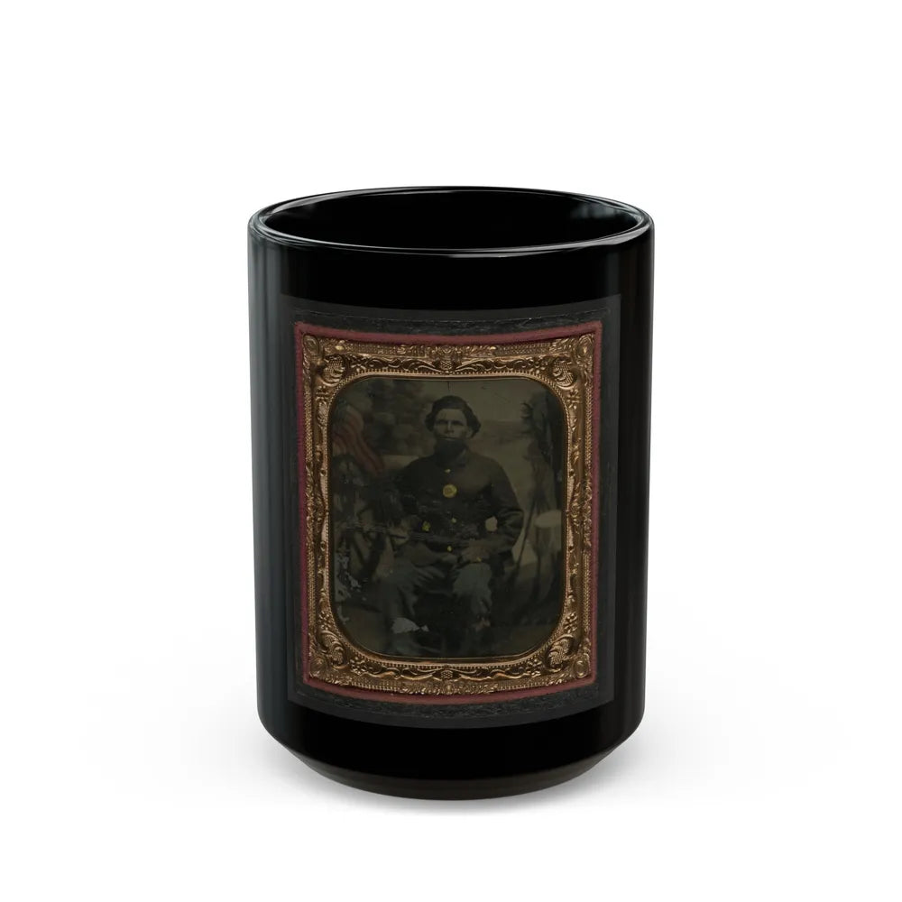 Unidentified African American Soldier In Union Uniform In Front Of Painted Backdrop Showing Military Camp (U.S. Civil War) Black Coffee Mug-15oz-Go Mug Yourself