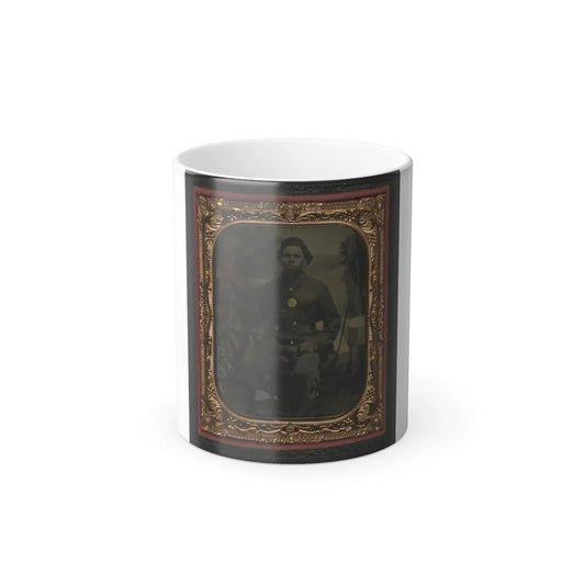Unidentified African American Soldier in Union Uniform in Front of Painted Backdrop Showing Military Camp (U.S. Civil War) Color Changing Coffee Mug 11oz-11oz-Go Mug Yourself