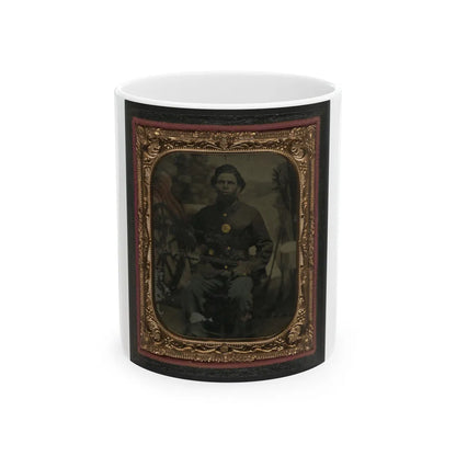 Unidentified African American Soldier In Union Uniform In Front Of Painted Backdrop Showing Military Camp (U.S. Civil War) White Coffee Mug-11oz-Go Mug Yourself