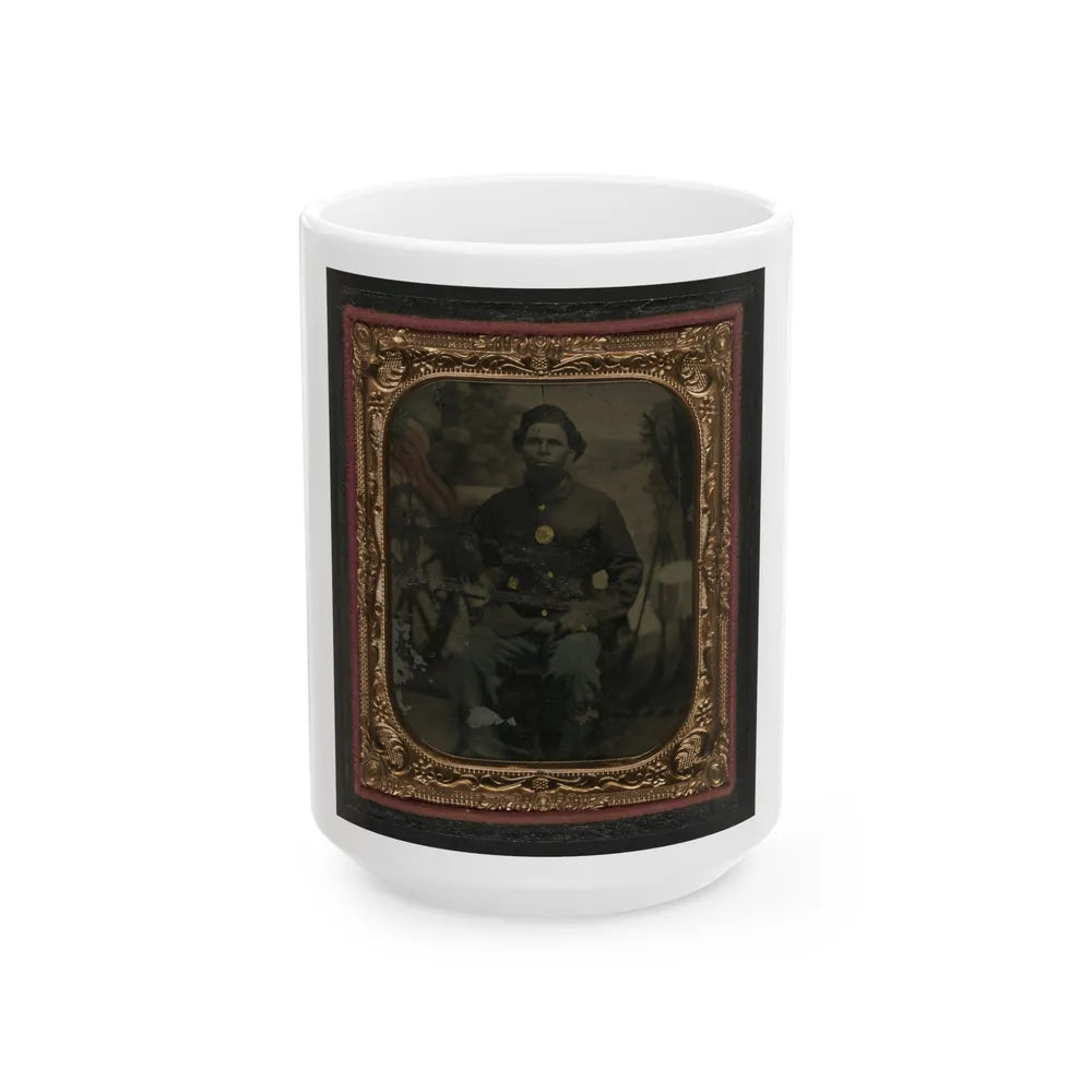 Unidentified African American Soldier In Union Uniform In Front Of Painted Backdrop Showing Military Camp (U.S. Civil War) White Coffee Mug-15oz-Go Mug Yourself