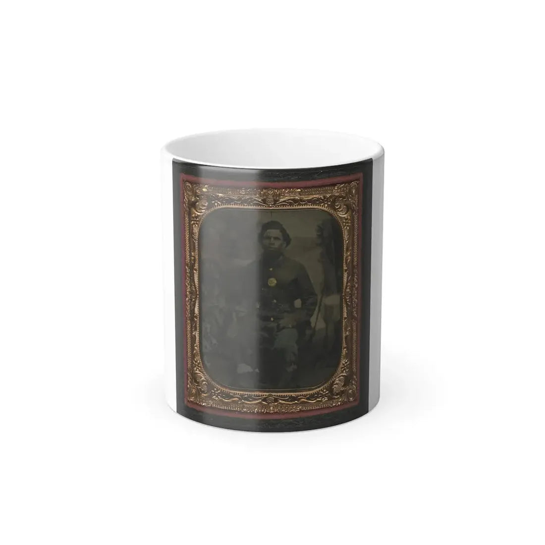 Unidentified African American Soldier in Union Uniform in Front of Painted Backdrop Showing Military Camp (U.S. Civil War) Color Changing Coffee Mug 11oz Default Title 11oz - Go Mug Yourself