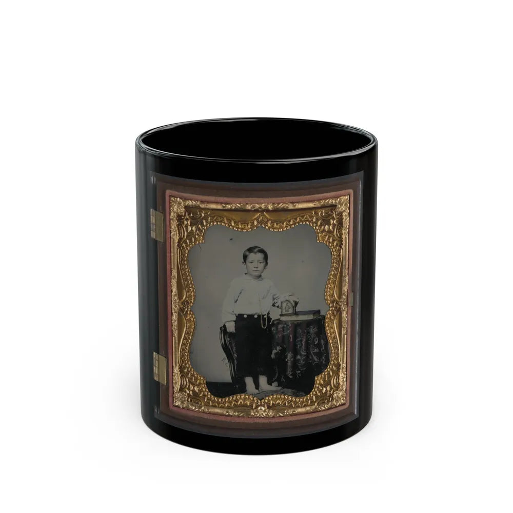 Unidentified Boy Holding Cased Photograph Of Soldier In Confederate Uniform Atop A Bible (U.S. Civil War) Black Coffee Mug-11oz-Go Mug Yourself