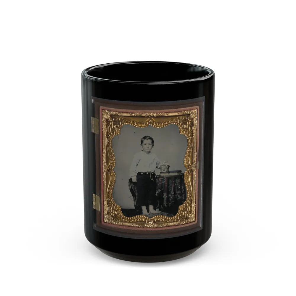 Unidentified Boy Holding Cased Photograph Of Soldier In Confederate Uniform Atop A Bible (U.S. Civil War) Black Coffee Mug-15oz-Go Mug Yourself