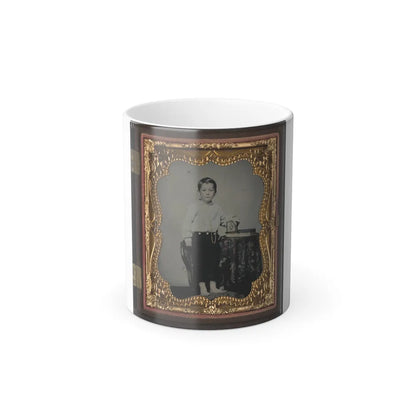 Unidentified Boy Holding Cased Photograph of Soldier in Confederate Uniform Atop a Bible (U.S. Civil War) Color Changing Coffee Mug 11oz-11oz-Go Mug Yourself