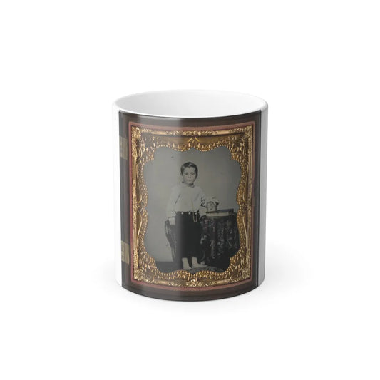 Unidentified Boy Holding Cased Photograph of Soldier in Confederate Uniform Atop a Bible (U.S. Civil War) Color Changing Coffee Mug 11oz-11oz-Go Mug Yourself