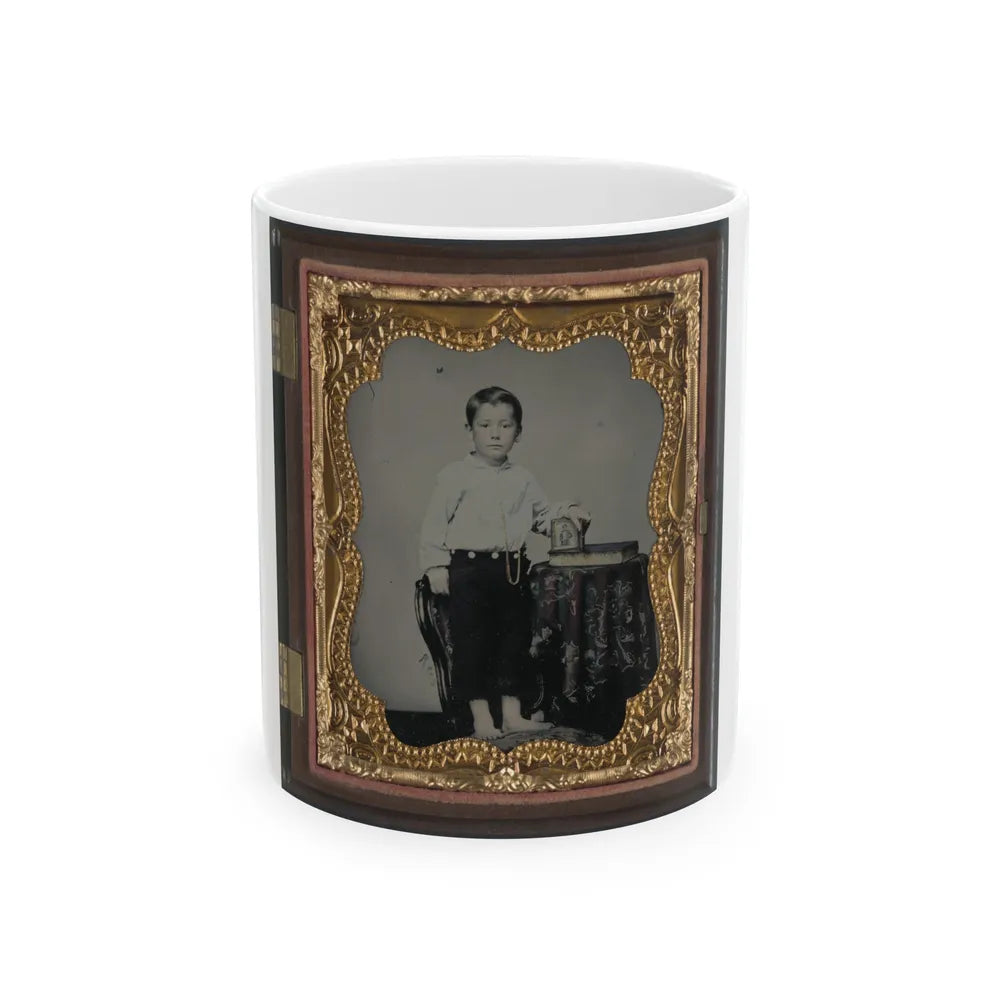 Unidentified Boy Holding Cased Photograph Of Soldier In Confederate Uniform Atop A Bible (U.S. Civil War) White Coffee Mug-11oz-Go Mug Yourself