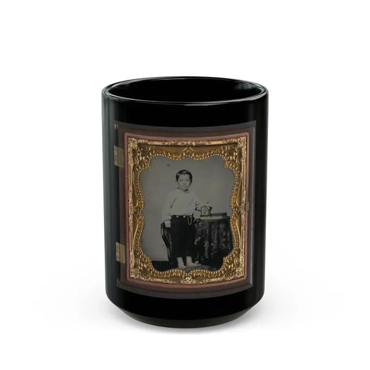 Unidentified Boy Holding Cased Photograph Of Soldier In Confederate Uniform Atop A Bible (U.S. Civil War) Black Coffee Mug 15oz - Go Mug Yourself