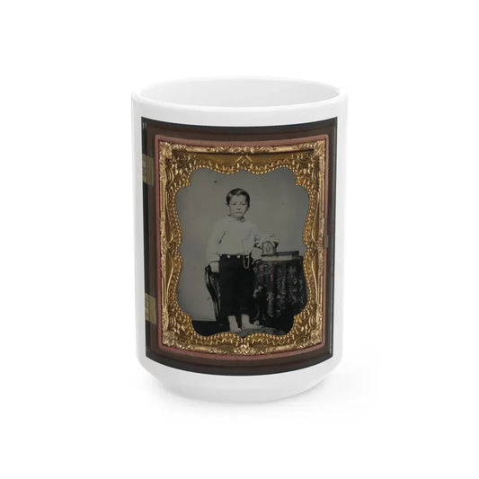 Unidentified Boy Holding Cased Photograph Of Soldier In Confederate Uniform Atop A Bible (U.S. Civil War) White Coffee Mug 15oz - Go Mug Yourself