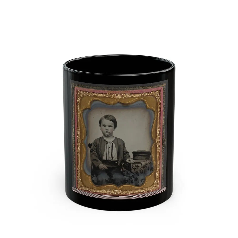 Unidentified Boy In Zouave-Style Shirt With Engineer's Cap (1) (U.S. Civil War) Black Coffee Mug-11oz-Go Mug Yourself