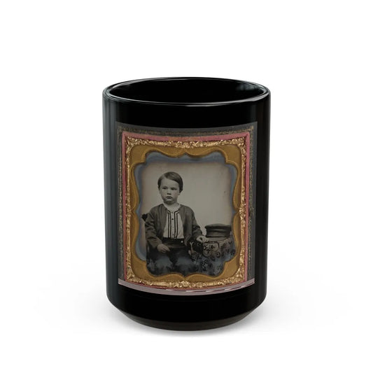 Unidentified Boy In Zouave-Style Shirt With Engineer's Cap (1) (U.S. Civil War) Black Coffee Mug-15oz-Go Mug Yourself