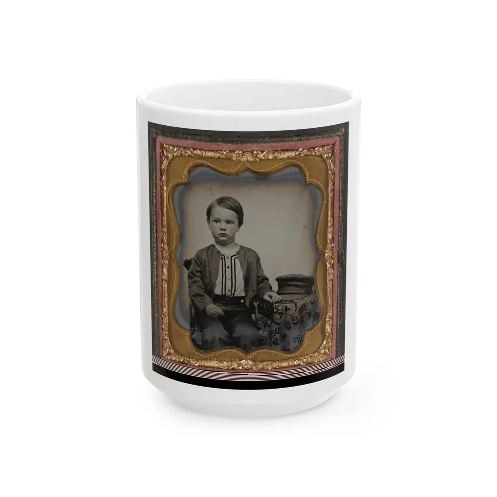 Unidentified Boy In Zouave-Style Shirt With Engineer's Cap (1) (U.S. Civil War) White Coffee Mug-15oz-Go Mug Yourself