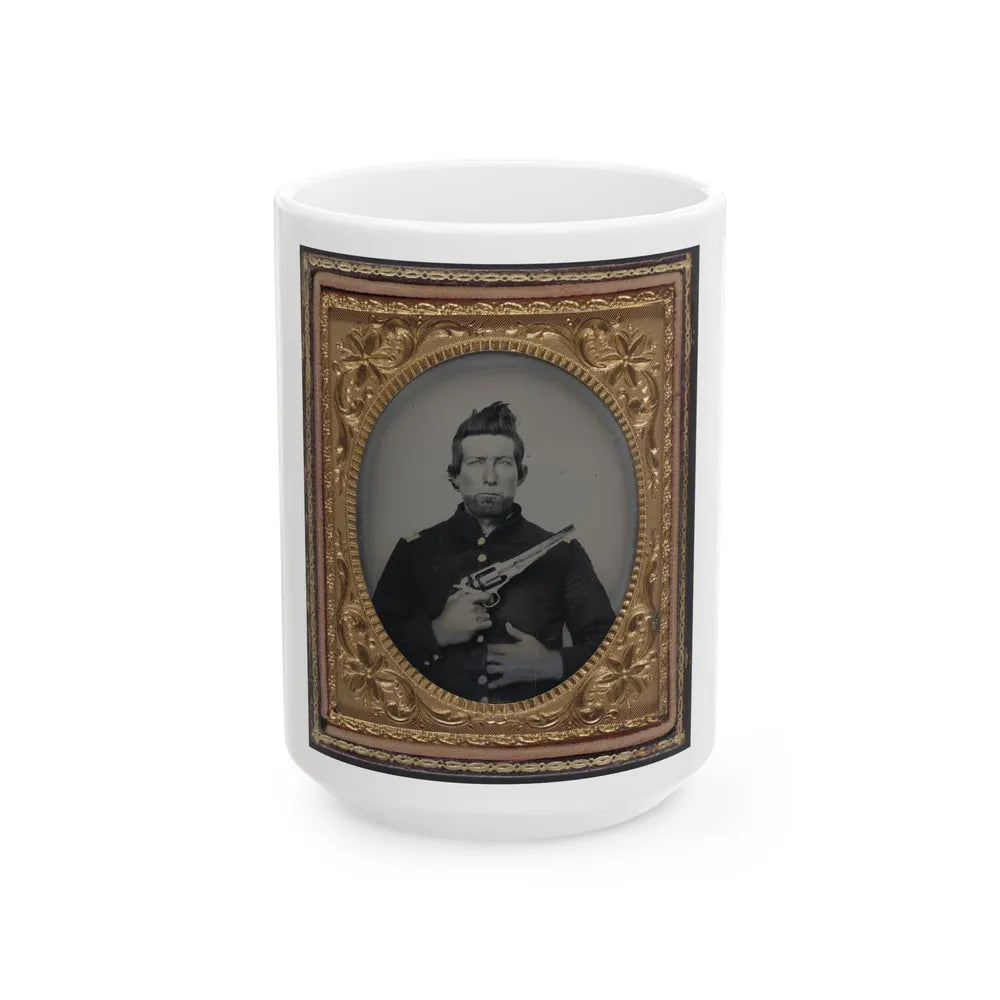 Unidentified Cavalry Soldier In Union Frock Coat With Remington New Model Army Revolver (U.S. Civil War) White Coffee Mug-15oz-Go Mug Yourself