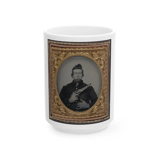Unidentified Cavalry Soldier In Union Frock Coat With Remington New Model Army Revolver (U.S. Civil War) White Coffee Mug 15oz - Go Mug Yourself