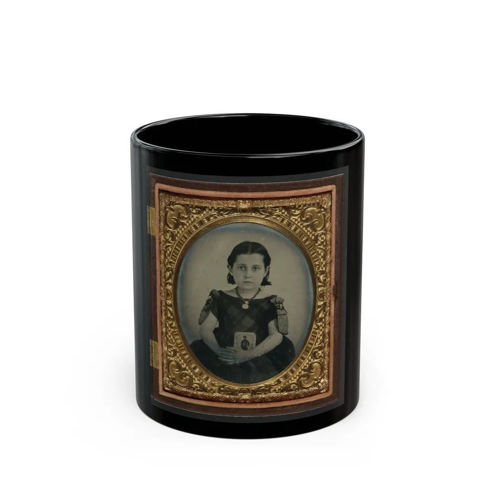 Unidentified Girl In Mourning Dress Holding Framed Photograph Of Her Father As A Cavalryman With Sword And Hardee Hat (U.S. Civil War) Black Coffee Mug-11oz-Go Mug Yourself