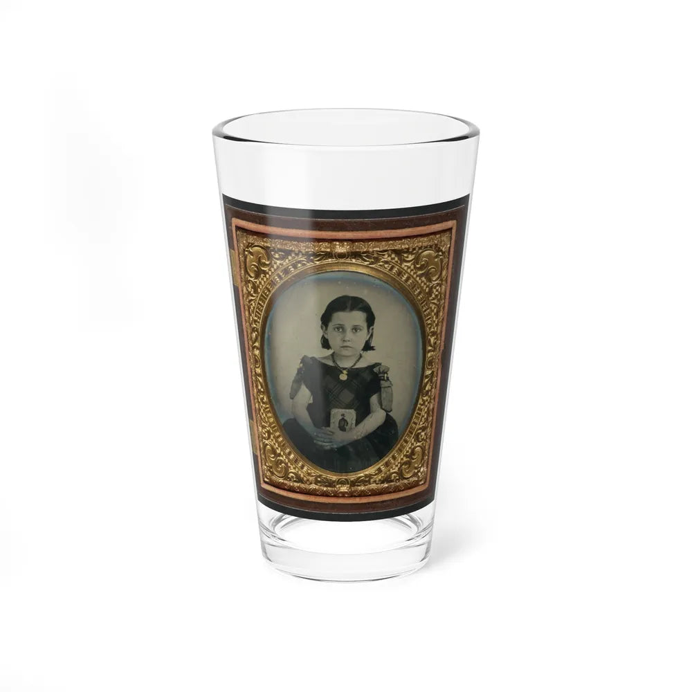 Unidentified Girl In Mourning Dress Holding Framed Photograph Of Her Father As A Cavalryman With Sword And Hardee Hat (U.S. Civil War) Pint Glass 16oz-16oz-Go Mug Yourself