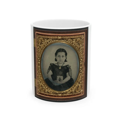 Unidentified Girl In Mourning Dress Holding Framed Photograph Of Her Father As A Cavalryman With Sword And Hardee Hat (U.S. Civil War) White Coffee Mug-11oz-Go Mug Yourself