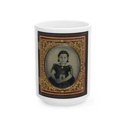 Unidentified Girl In Mourning Dress Holding Framed Photograph Of Her Father As A Cavalryman With Sword And Hardee Hat (U.S. Civil War) White Coffee Mug-15oz-Go Mug Yourself