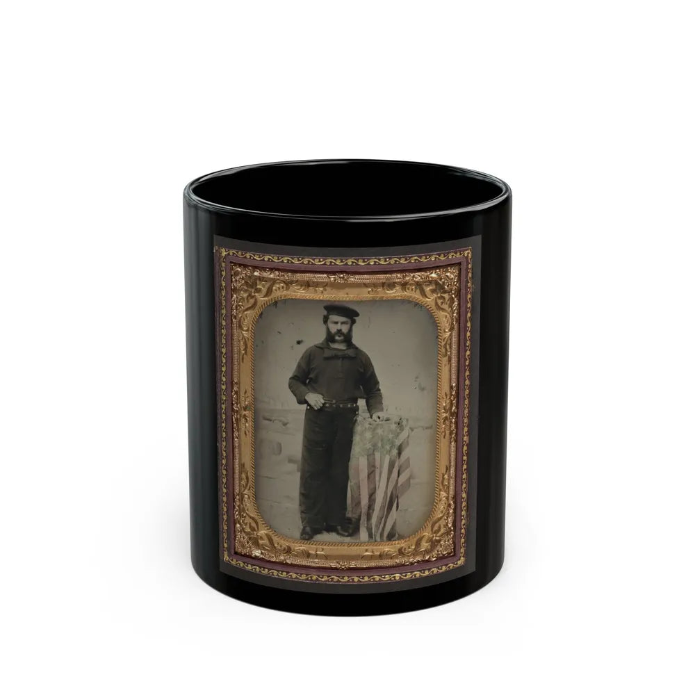 Unidentified Sailor In Union Uniform At American Flag-Draped Table In Front Of Painted Backdrop Showing Naval Ship (U.S. Civil War) Black Coffee Mug-11oz-Go Mug Yourself