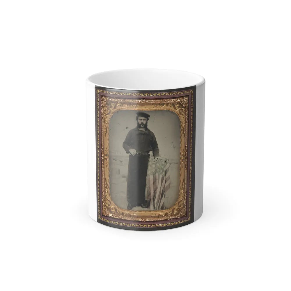 Unidentified Sailor in Union Uniform at American Flag-Draped Table in Front of Painted Backdrop Showing Naval Ship (U.S. Civil War) Color Changing Coffee Mug 11oz-11oz-Go Mug Yourself
