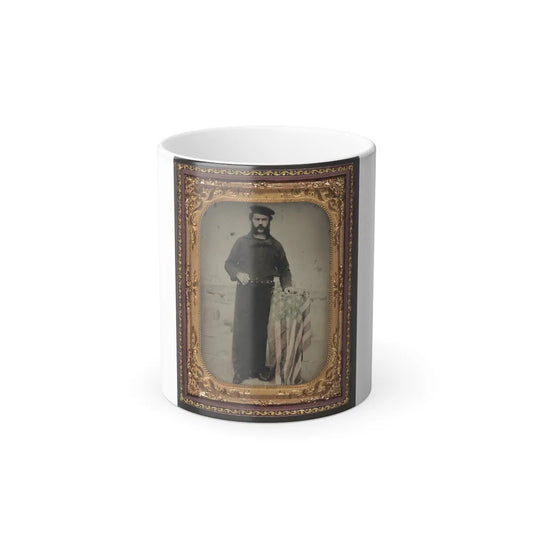 Unidentified Sailor in Union Uniform at American Flag-Draped Table in Front of Painted Backdrop Showing Naval Ship (U.S. Civil War) Color Changing Coffee Mug 11oz-11oz-Go Mug Yourself