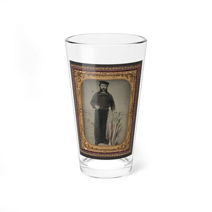 Unidentified Sailor In Union Uniform At American Flag-Draped Table In Front Of Painted Backdrop Showing Naval Ship (U.S. Civil War) Pint Glass 16oz-16oz-Go Mug Yourself