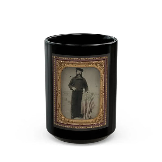 Unidentified Sailor In Union Uniform At American Flag-Draped Table In Front Of Painted  Backdrop Showing Naval Ship (U.S. Civil War) Black Coffee Mug 15oz - Go Mug Yourself
