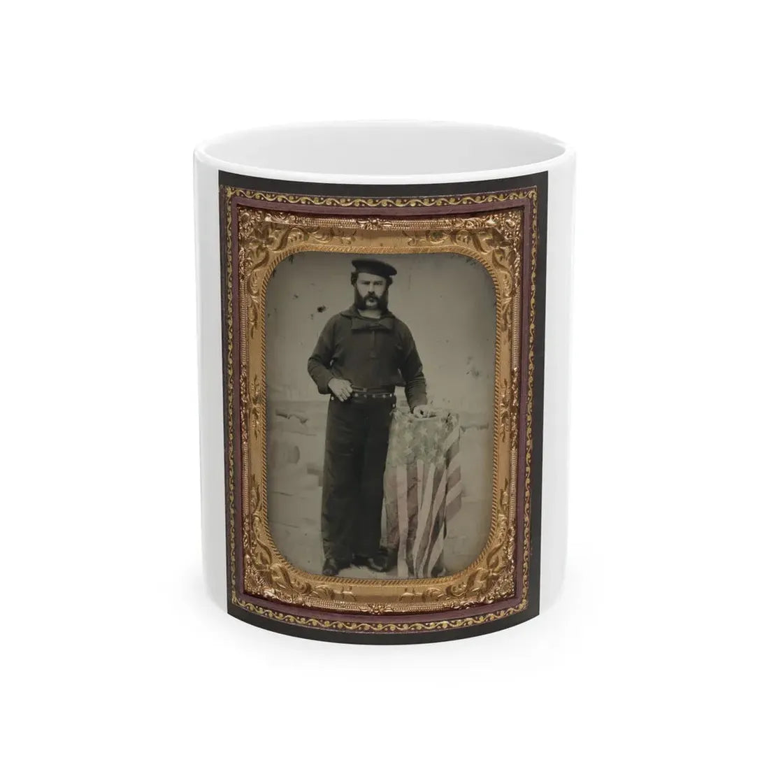 Unidentified Sailor In Union Uniform At American Flag-Draped Table In Front Of Painted  Backdrop Showing Naval Ship (U.S. Civil War) White Coffee Mug 11oz - Go Mug Yourself