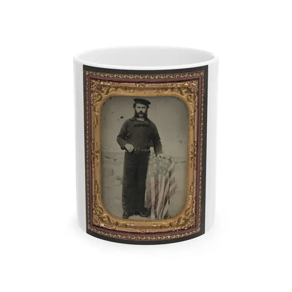 Unidentified Sailor In Union Uniform At American Flag-Draped Table In Front Of Painted  Backdrop Showing Naval Ship (U.S. Civil War) White Coffee Mug 11oz - Go Mug Yourself