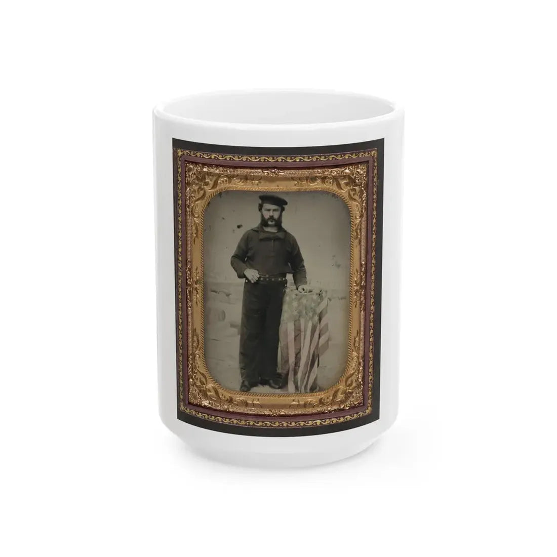 Unidentified Sailor In Union Uniform At American Flag-Draped Table In Front Of Painted  Backdrop Showing Naval Ship (U.S. Civil War) White Coffee Mug 15oz - Go Mug Yourself