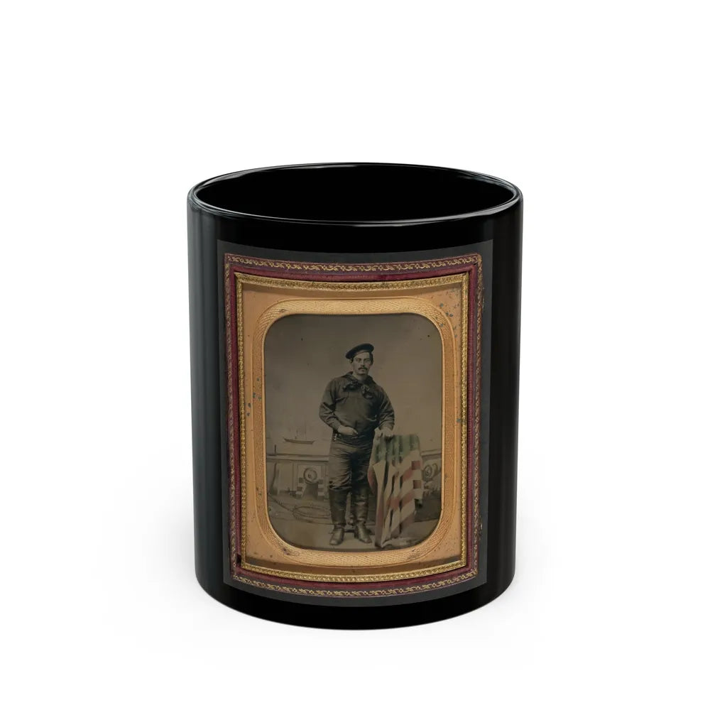 Unidentified Sailor In Union Uniform Resting Hand On American Flag-Draped Table In Front Of Painted Backdrop Showing Naval Scene (U.S. Civil War) Black Coffee Mug-11oz-Go Mug Yourself