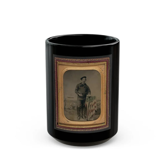 Unidentified Sailor In Union Uniform Resting Hand On American Flag-Draped Table In Front Of Painted Backdrop Showing Naval Scene (U.S. Civil War) Black Coffee Mug-15oz-Go Mug Yourself