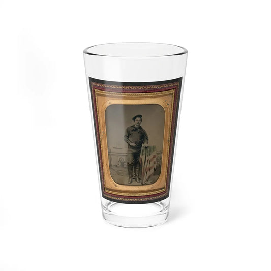 Unidentified Sailor In Union Uniform Resting Hand On American Flag-Draped Table In Front Of Painted Backdrop Showing Naval Scene (U.S. Civil War) Pint Glass 16oz-16oz-Go Mug Yourself