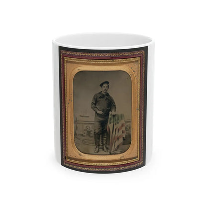 Unidentified Sailor In Union Uniform Resting Hand On American Flag-Draped Table In Front Of Painted Backdrop Showing Naval Scene (U.S. Civil War) White Coffee Mug-11oz-Go Mug Yourself