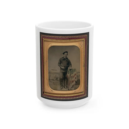 Unidentified Sailor In Union Uniform Resting Hand On American Flag-Draped Table In Front Of Painted Backdrop Showing Naval Scene (U.S. Civil War) White Coffee Mug-15oz-Go Mug Yourself